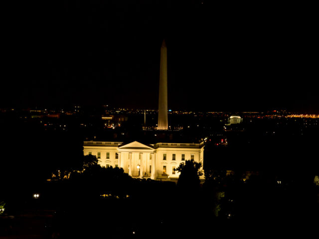 Dinner - View of White House, Washington Monument and Jefferson Memorial at night.